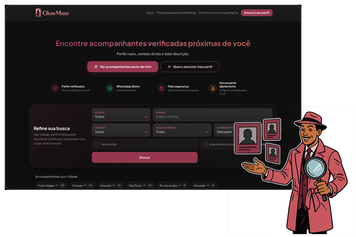 GlowMuse — catálogo com perfis verificados e busca por filtros